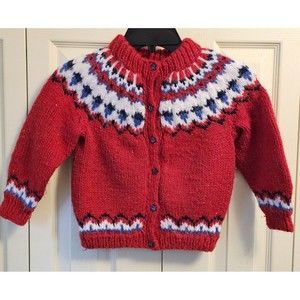 Hand Knit Toddler Sweater Wool Blend Fair Isle Red Crew Neck Unisex Cardigan